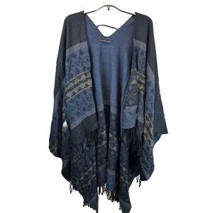 Atmosphere Blue‎ Geometric Aztec Poncho OS Bohemian Fringe Wrap Shawl